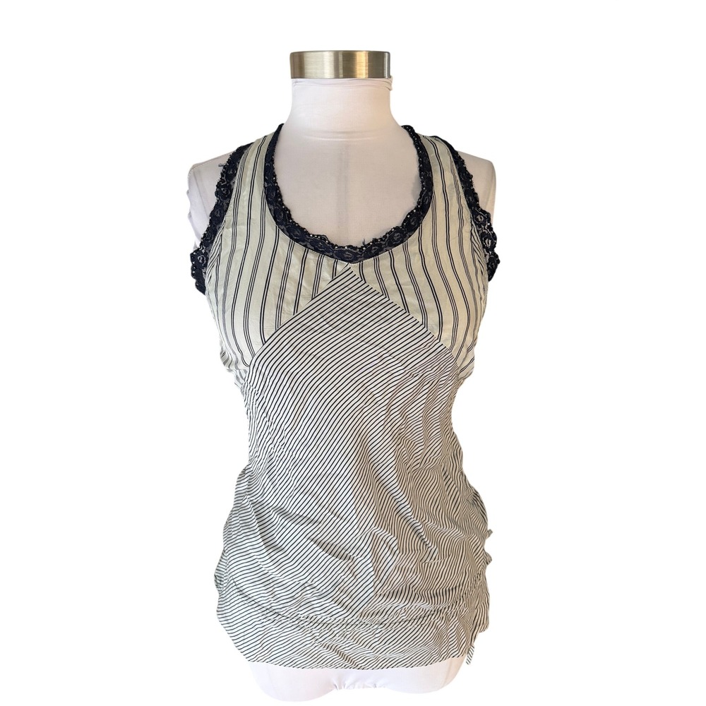 Vintage Guess Jeans 100% Silk Tank Top Medium Blue White Striped Lace Trim